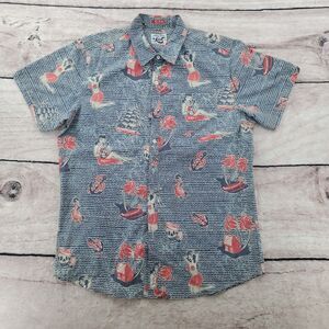 Lost Mens XL Shirt Wahines Palm Skulls Anchors Hawaiian Vtg 1940s Pin Up Girls